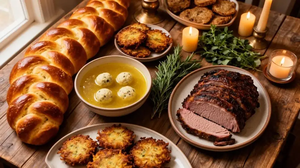A warm Jewish family table set with traditional dishes