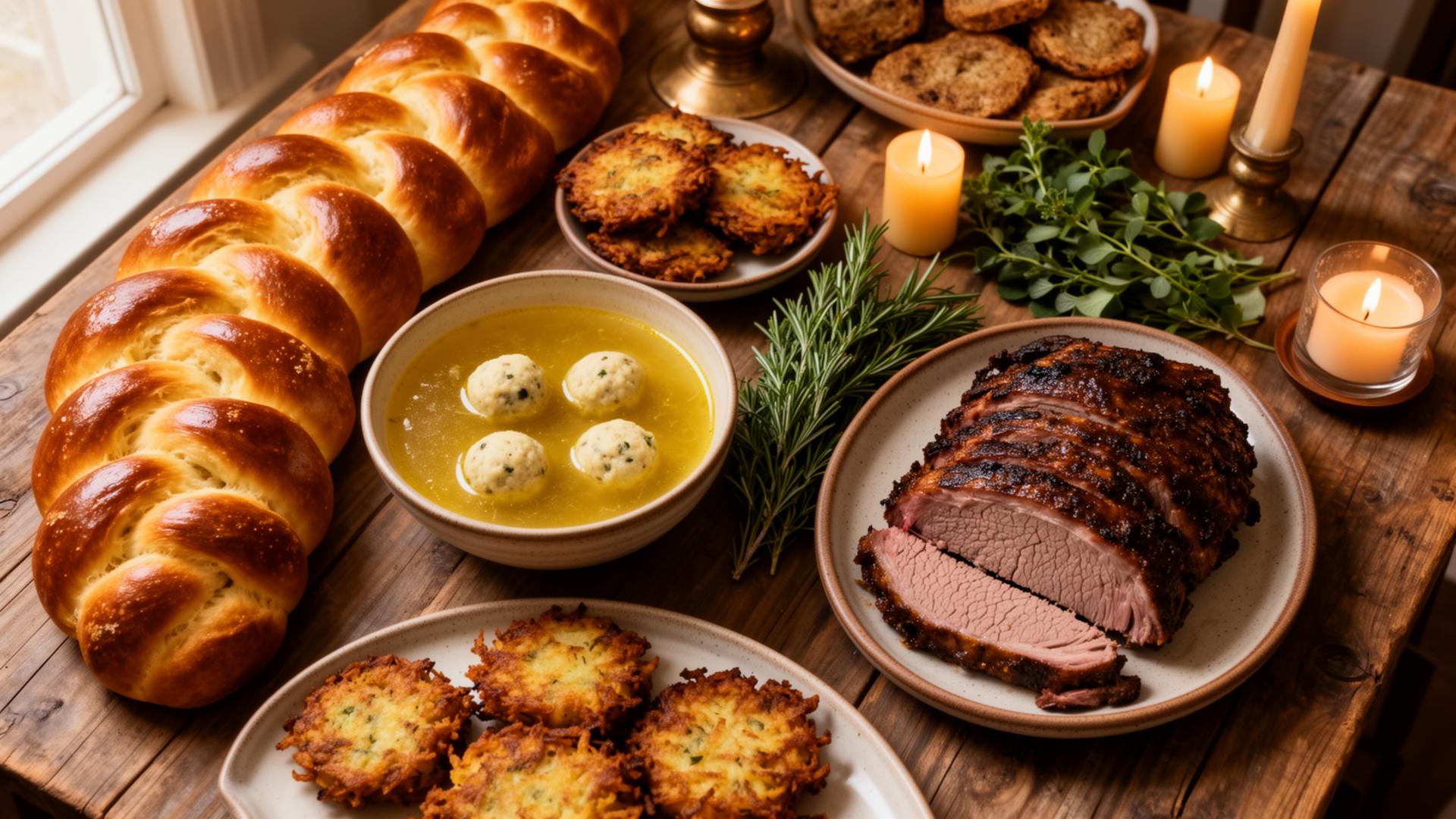 A warm Jewish family table set with traditional dishes