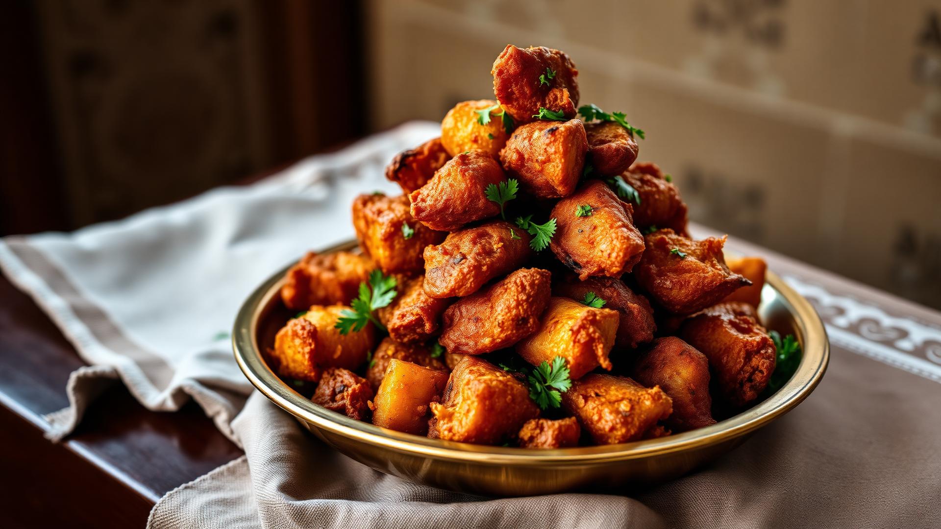 A brass plate piled high with golden crispy whole fried aloo makala potatoes garnished with fresh cilantro on a patterned cloth on a vintage Indian-Jewish table