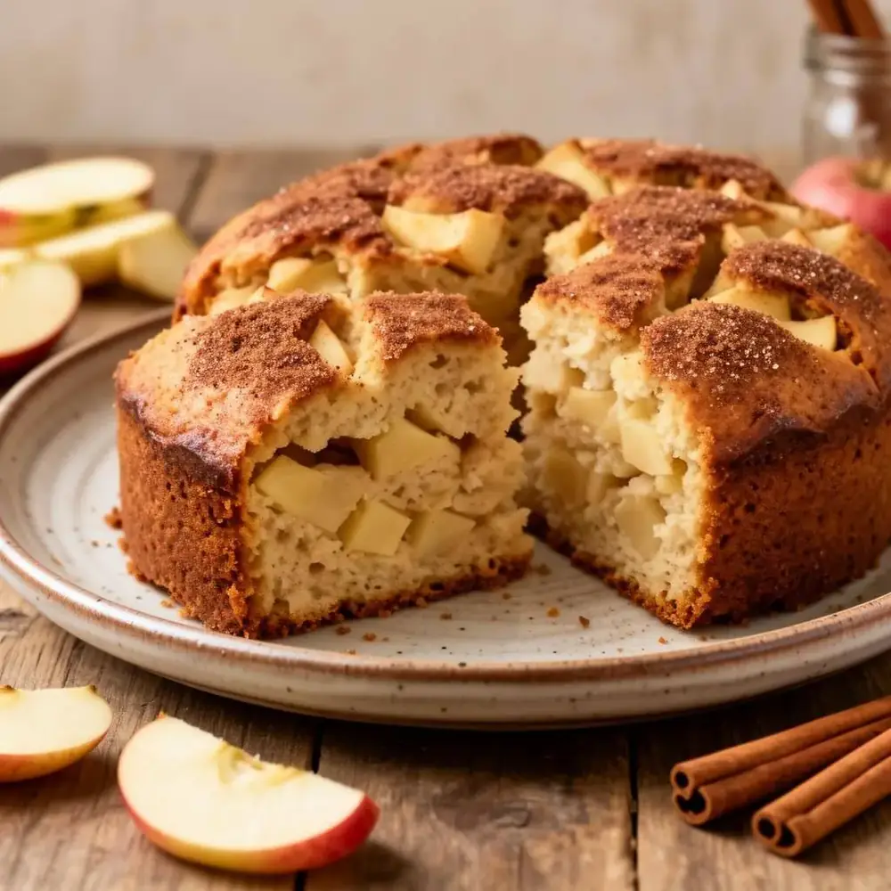 Golden Jewish apple cake with cinnamon-sugar topping, sliced to reveal tender layers and apple chunks