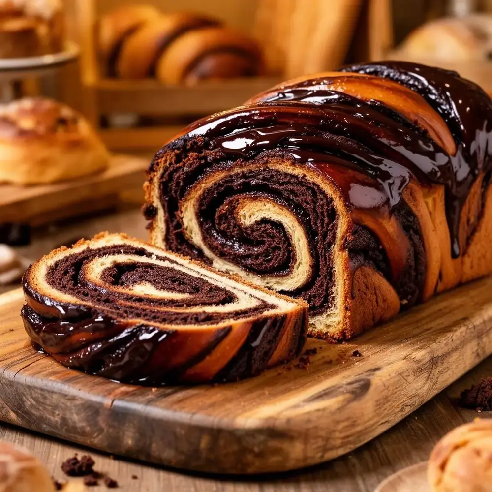 Sliced chocolate babka loaf showing dark chocolate swirls and a glossy crust on a wooden board