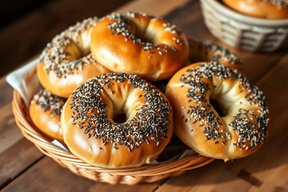 A basket of freshly baked New York-style bagels topped with sesame, poppy, and everything seasoning