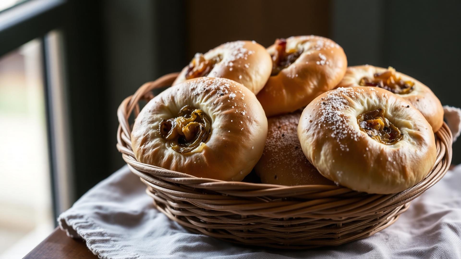 Basket of freshly baked bialys with caramelized onion and poppy seed centers dusted with flour on a linen cloth