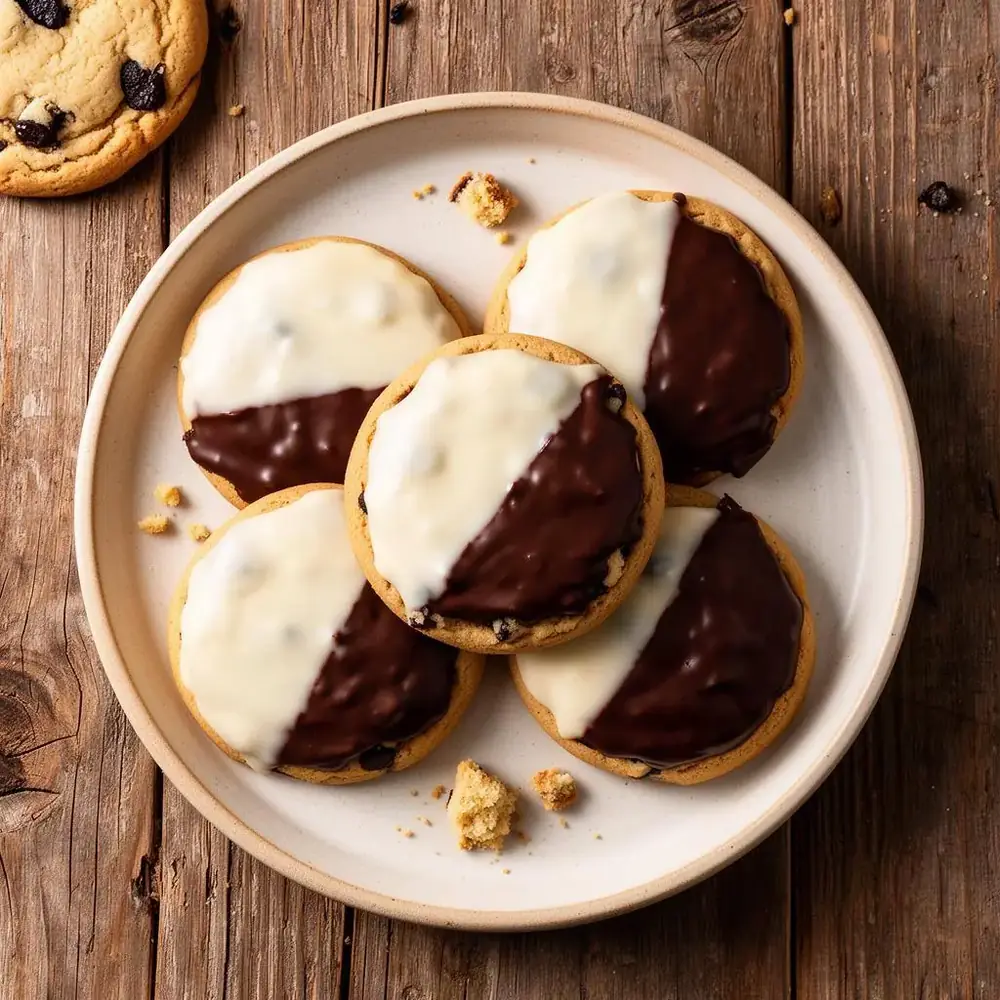 Classic New York black and white cookies on a ceramic plate, each iced half with white vanilla fondant and half with dark chocolate