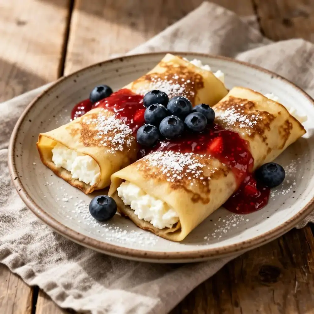 Plate of golden Jewish cheese blintzes topped with powdered sugar, blueberries, and strawberry compote