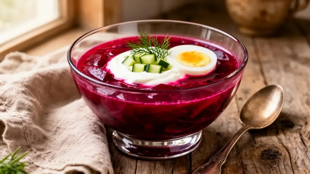 Chilled Jewish cold beet borscht in a glass bowl topped with sour cream, cucumber, dill and a boiled egg