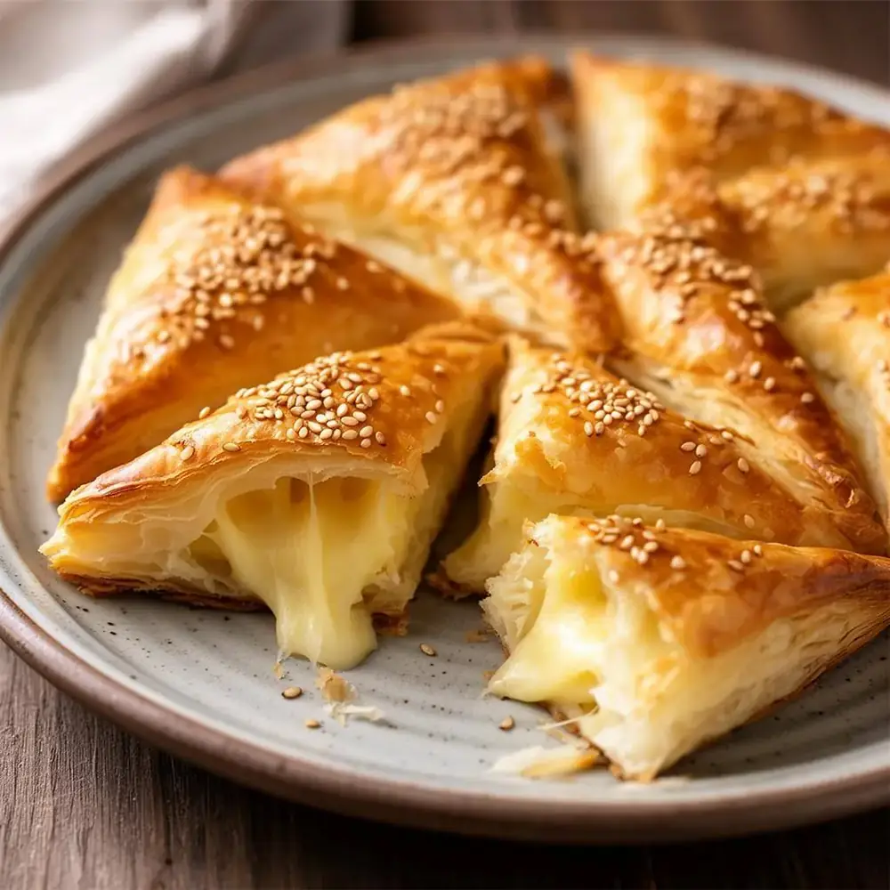 Platter of golden cheese bourekas with sesame seeds, one broken open showing melty cheese filling