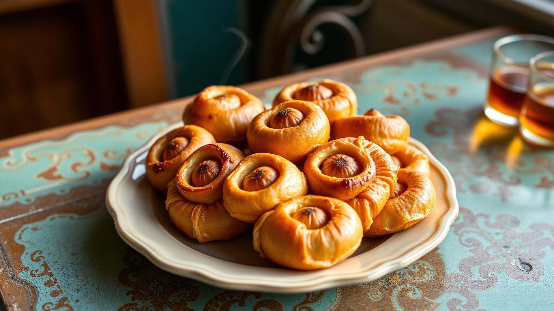 A ceramic plate of freshly baked golden Sephardic Jewish boyoz pastries with glossy flaky tops on a turquoise Ottoman-tiled table beside glasses of Turkish tea