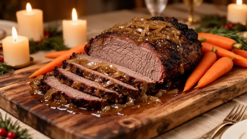 Sliced Jewish braised brisket with caramelized onion gravy and carrots on a wooden board at a candlelit holiday table