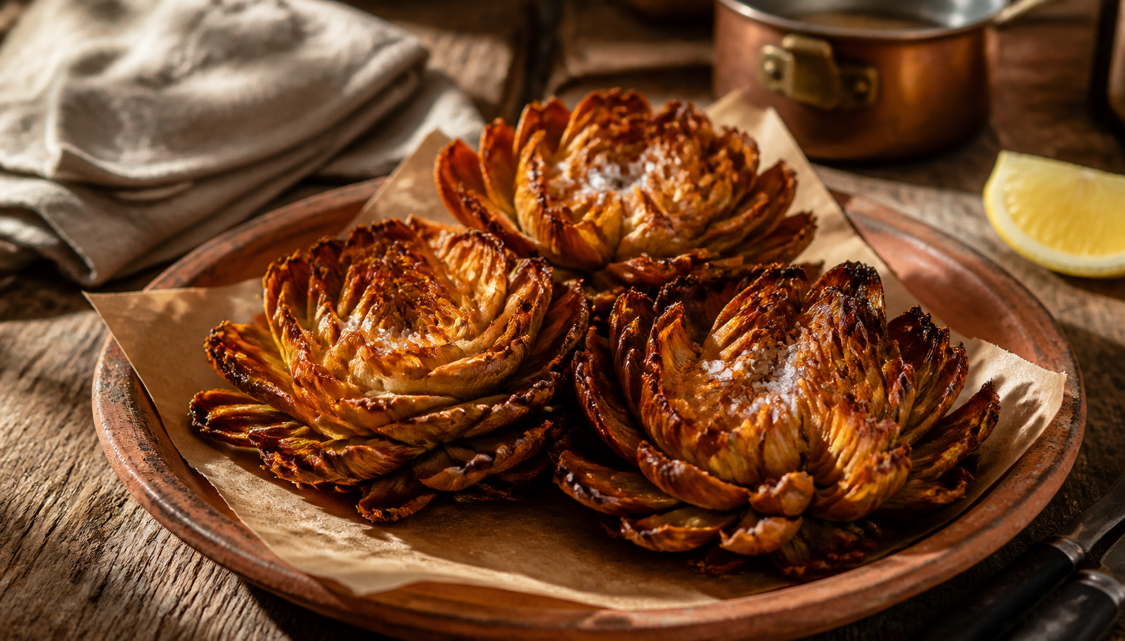 Three golden crispy carciofi alla giudia Roman Jewish fried artichokes with splayed petals on parchment atop a terracotta plate with a lemon wedge and copper pot