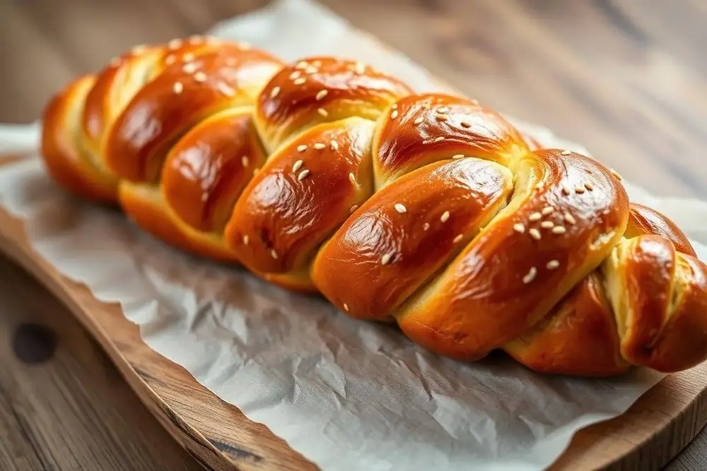 Golden braided challah bread loaf with shiny egg-wash crust and sesame seeds on a wooden board