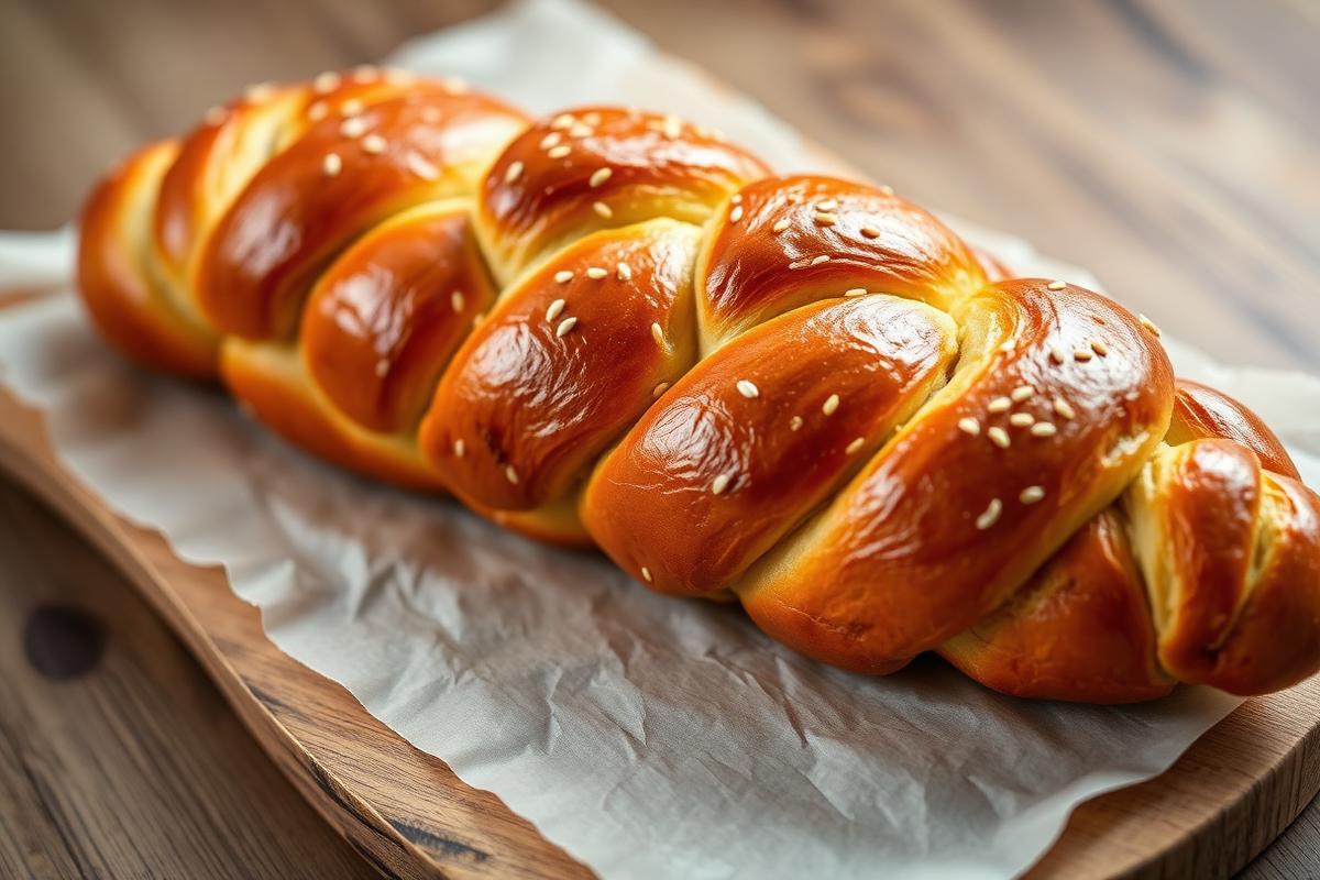 Golden braided challah bread loaf with shiny egg-wash crust and sesame seeds on a wooden board