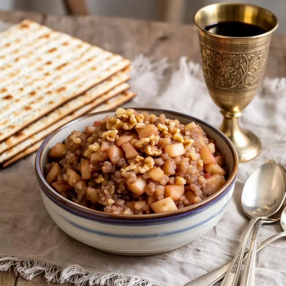 Bowl of homemade apple walnut charoset on a Passover seder table with matzo and a kiddush cup