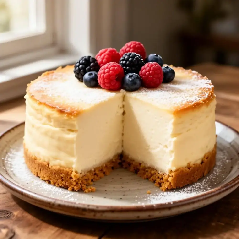 Tall creamy Shavuot cheesecake with golden graham crust topped with fresh berries and powdered sugar