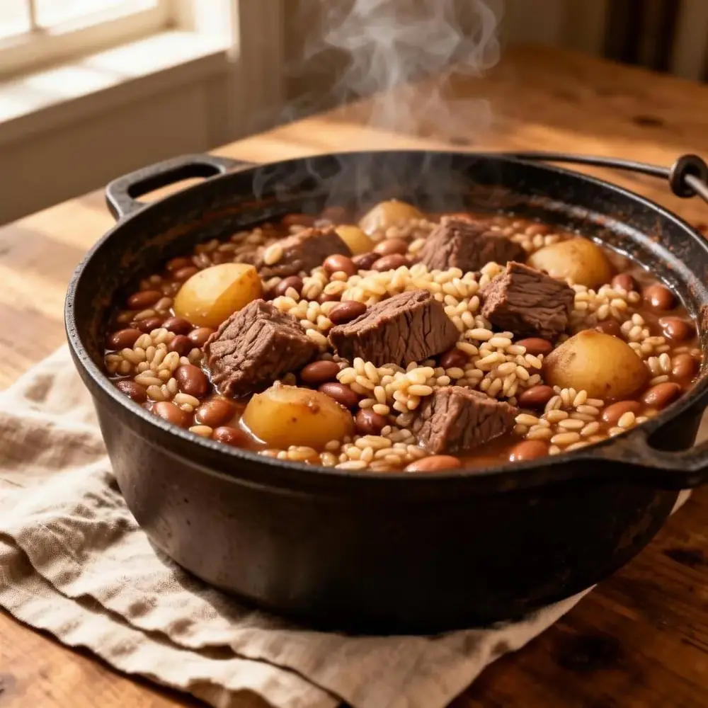 Traditional Jewish cholent stew with beef, beans, barley and potatoes steaming in a cast iron pot
