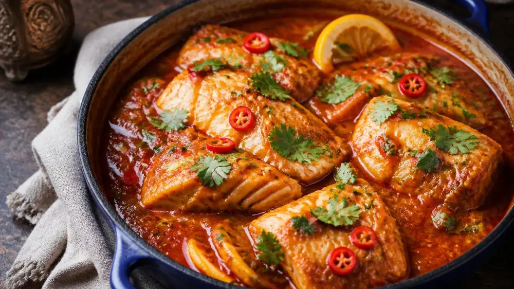 Thick white fish fillets poached in a vivid red paprika and tomato chraime sauce in an enameled pan, garnished with cilantro, red chili, and lemon