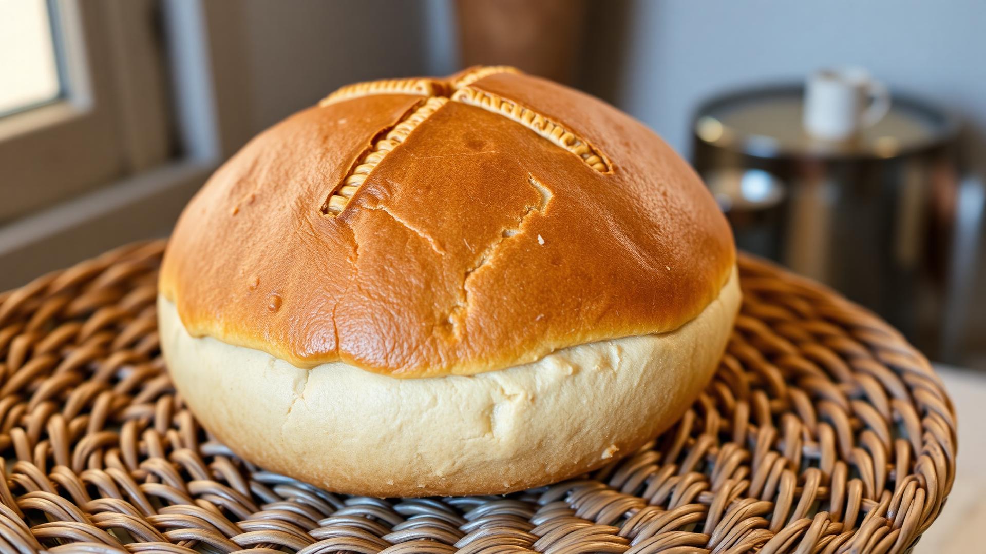 A large round golden-brown Ethiopian Jewish dabo Shabbat bread with a domed crackly crust resting on a woven straw basket in warm natural light