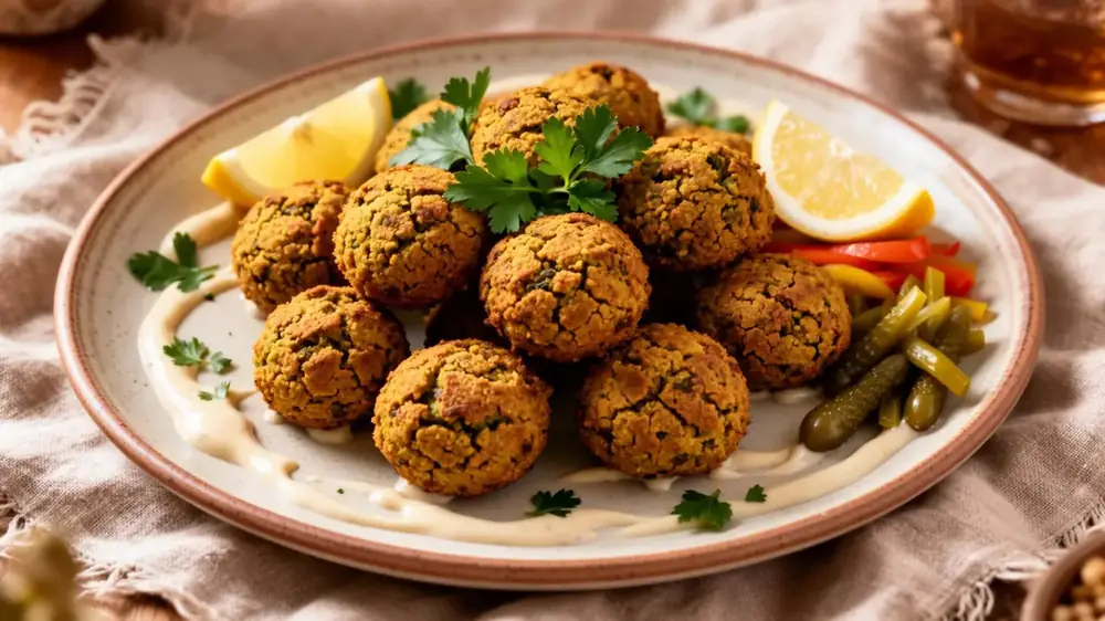Platter of freshly fried golden-brown falafel balls with tahini, lemon wedges and pickles