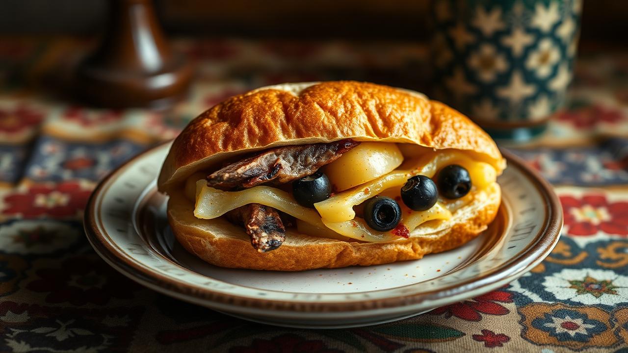 Golden fried Tunisian fricassée sandwich stuffed with tuna, egg, potato and black olives on a ceramic plate over a North African patterned tablecloth
