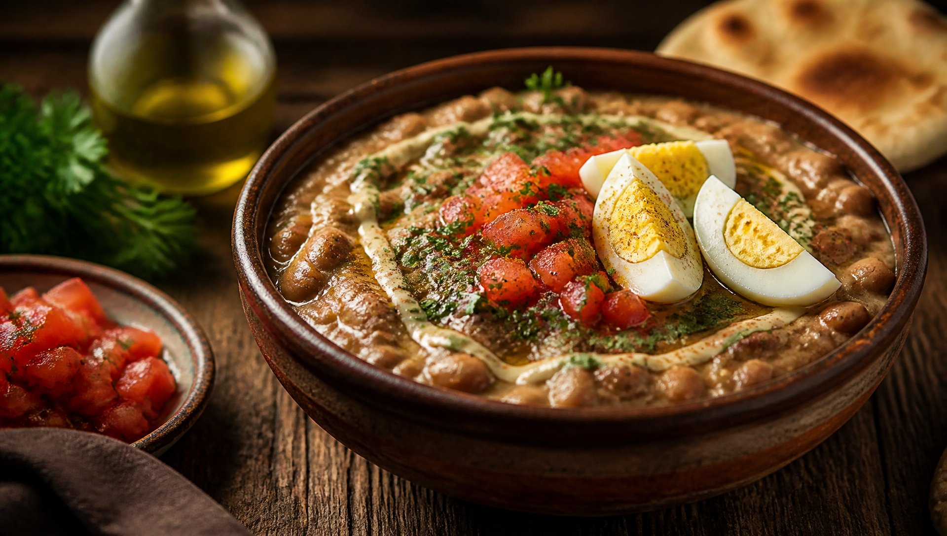 A rustic earthenware bowl of Egyptian Jewish ful medames topped with chopped tomato, parsley, tahini, hard-boiled egg wedges and cumin beside warm pita bread