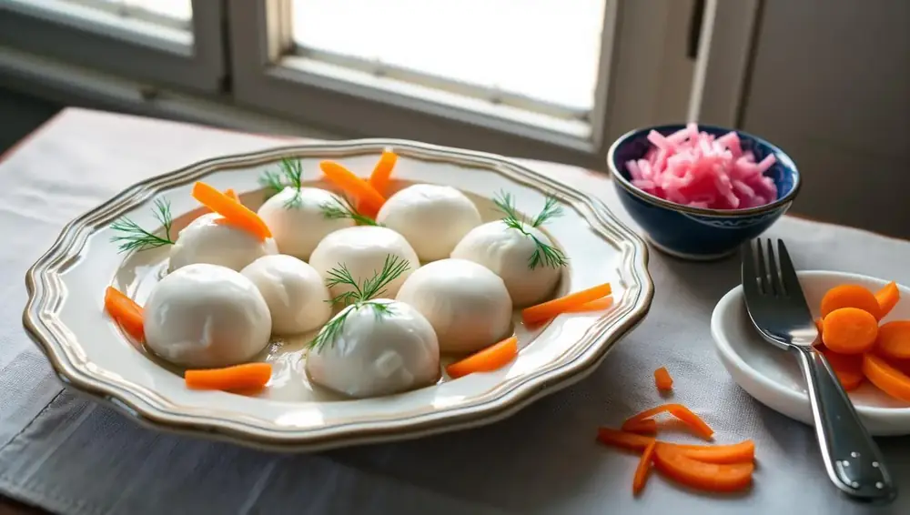 Platter of pale poached gefilte fish quenelles garnished with carrot coins and dill, served with a bowl of pink horseradish on a linen-covered table