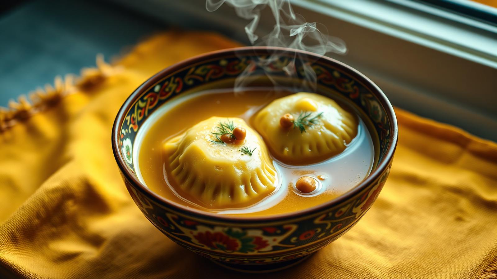 Two golden gondi chickpea dumplings floating in steaming saffron chicken broth in a hand-painted Persian ceramic bowl garnished with fresh dill