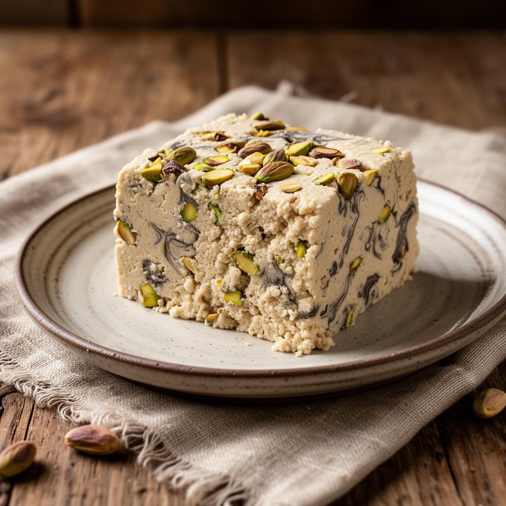 Freshly cut block of marbled tahini sesame halva topped with toasted pistachios on a rustic ceramic plate