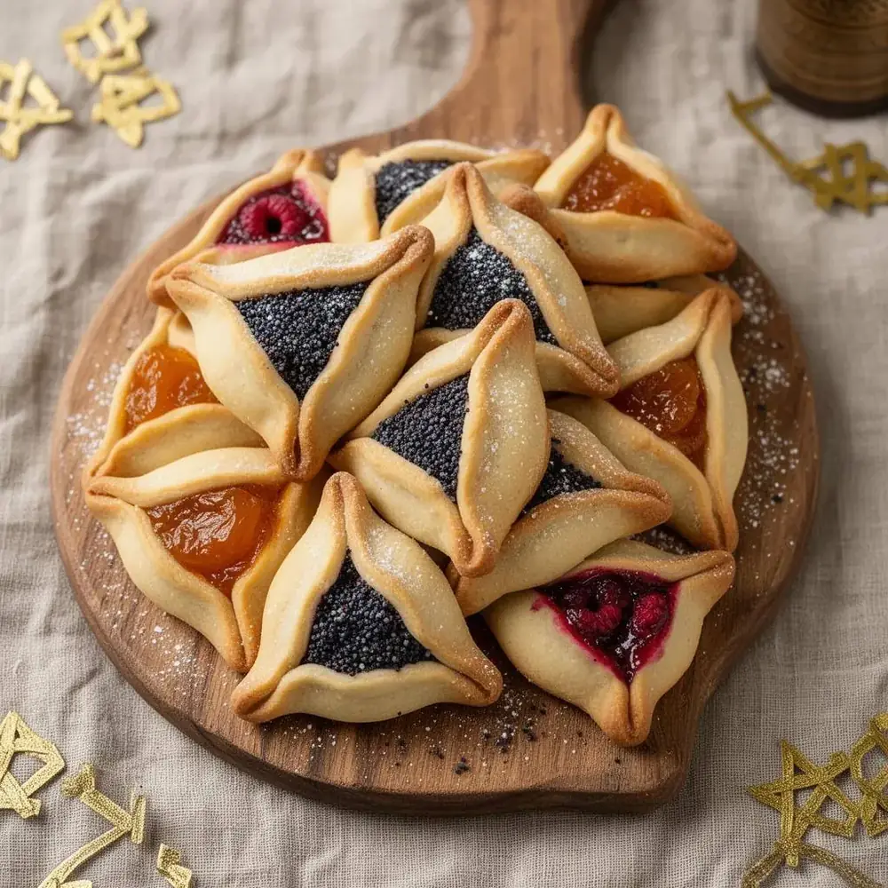 A wooden board piled with golden triangular hamantaschen cookies filled with poppy seed, apricot, and raspberry jam