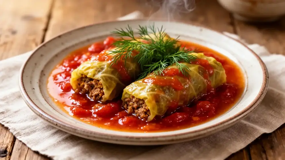Jewish stuffed cabbage rolls (holishkes) in glossy sweet-and-sour tomato sauce garnished with fresh dill on a rustic plate