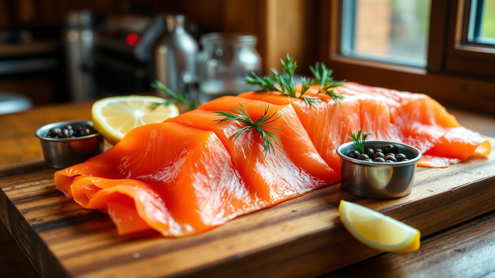 Whole side of homemade cured lox sliced paper-thin on a wooden board with fresh dill, lemon wedges, and capers