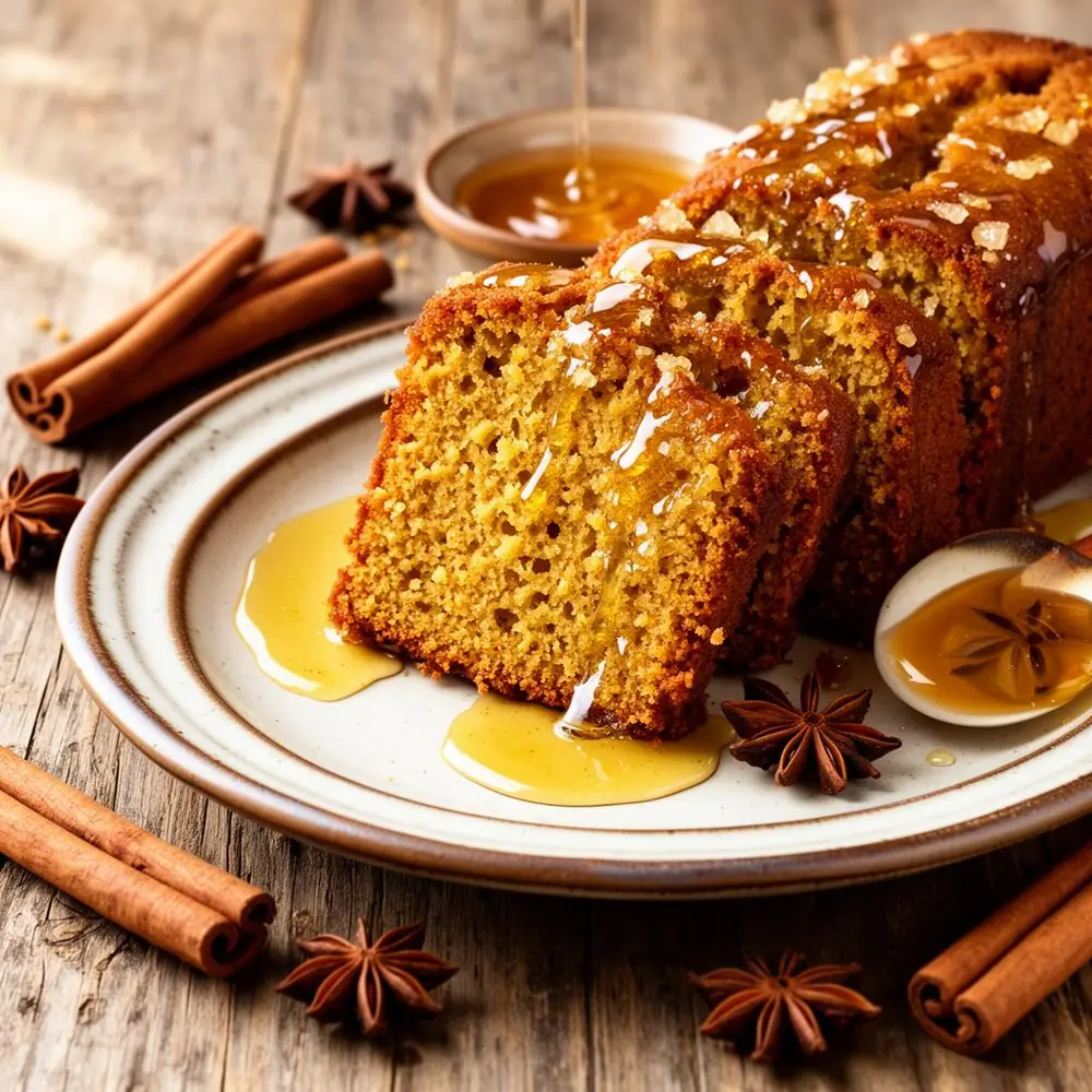 Sliced Jewish honey cake (lekach) drizzled with honey on a vintage plate with warm spices