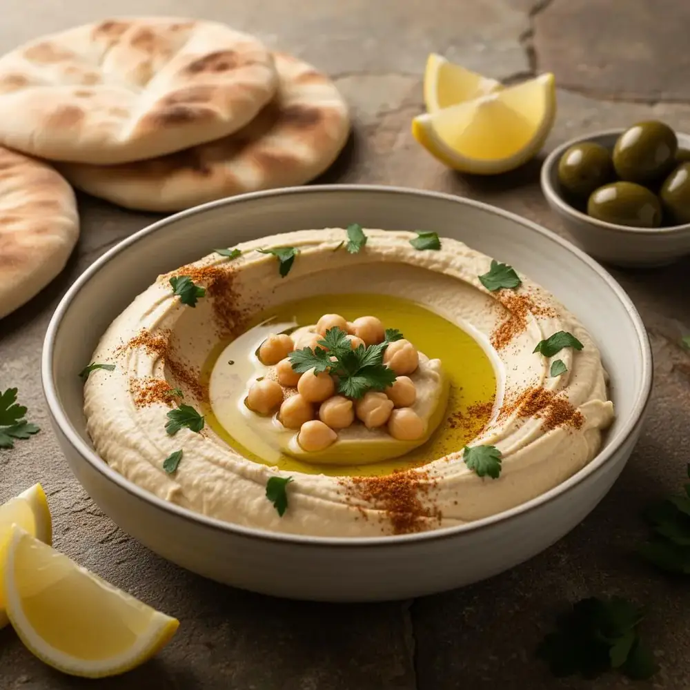 Bowl of silky smooth Israeli hummus topped with whole chickpeas, olive oil, paprika and parsley served with warm pita bread