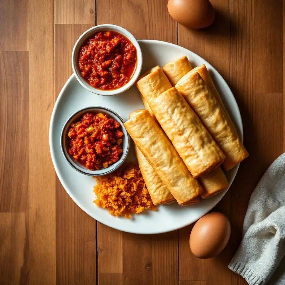Plate of golden rolled Yemenite jachnun pastry served with fresh grated tomato, green zhug, and a brown hard-boiled egg on a wooden Shabbat table