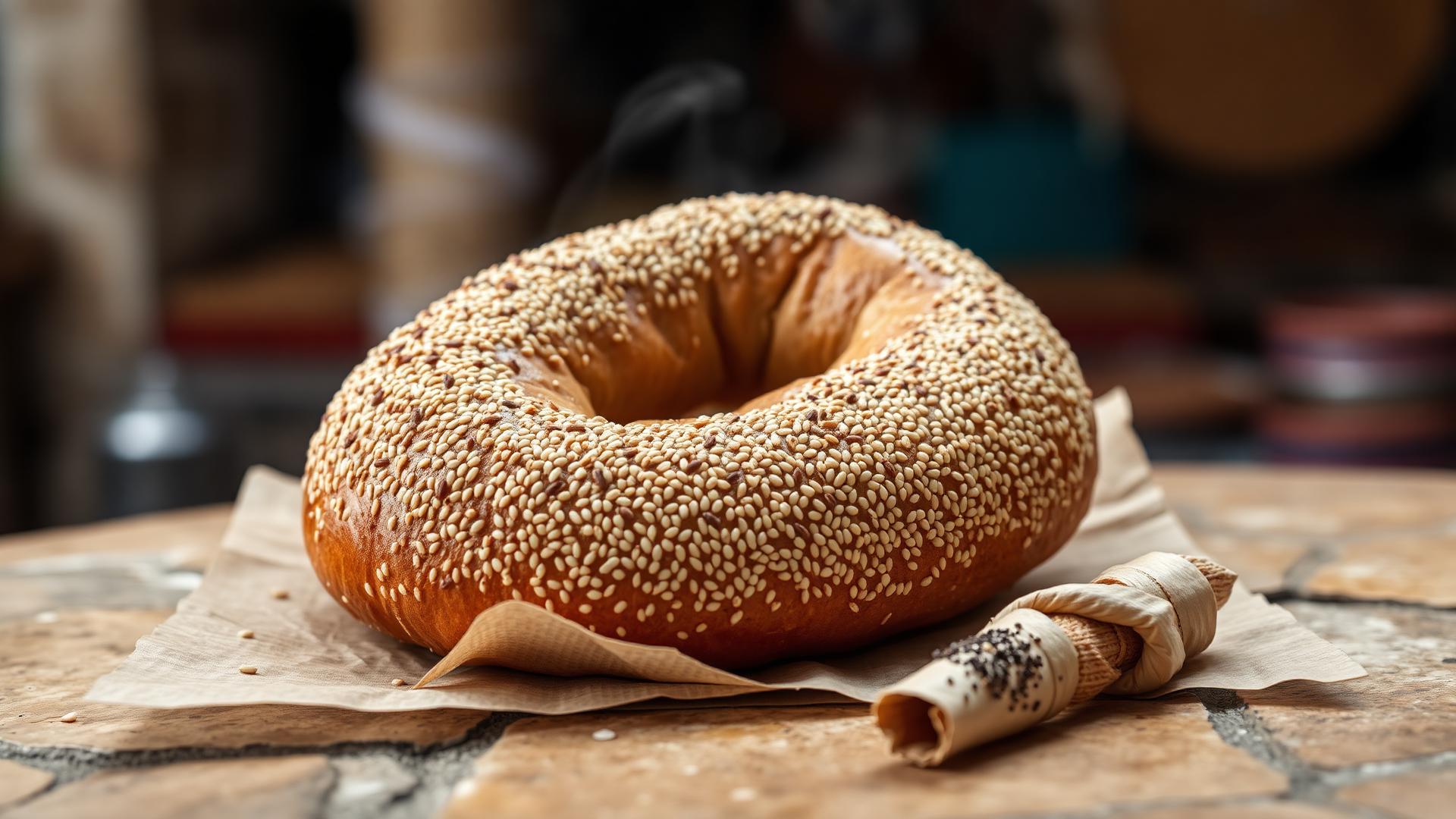 Large oval Jerusalem bagel encrusted with toasted sesame seeds resting on brown parchment with a paper twist of za'atar on a stone table