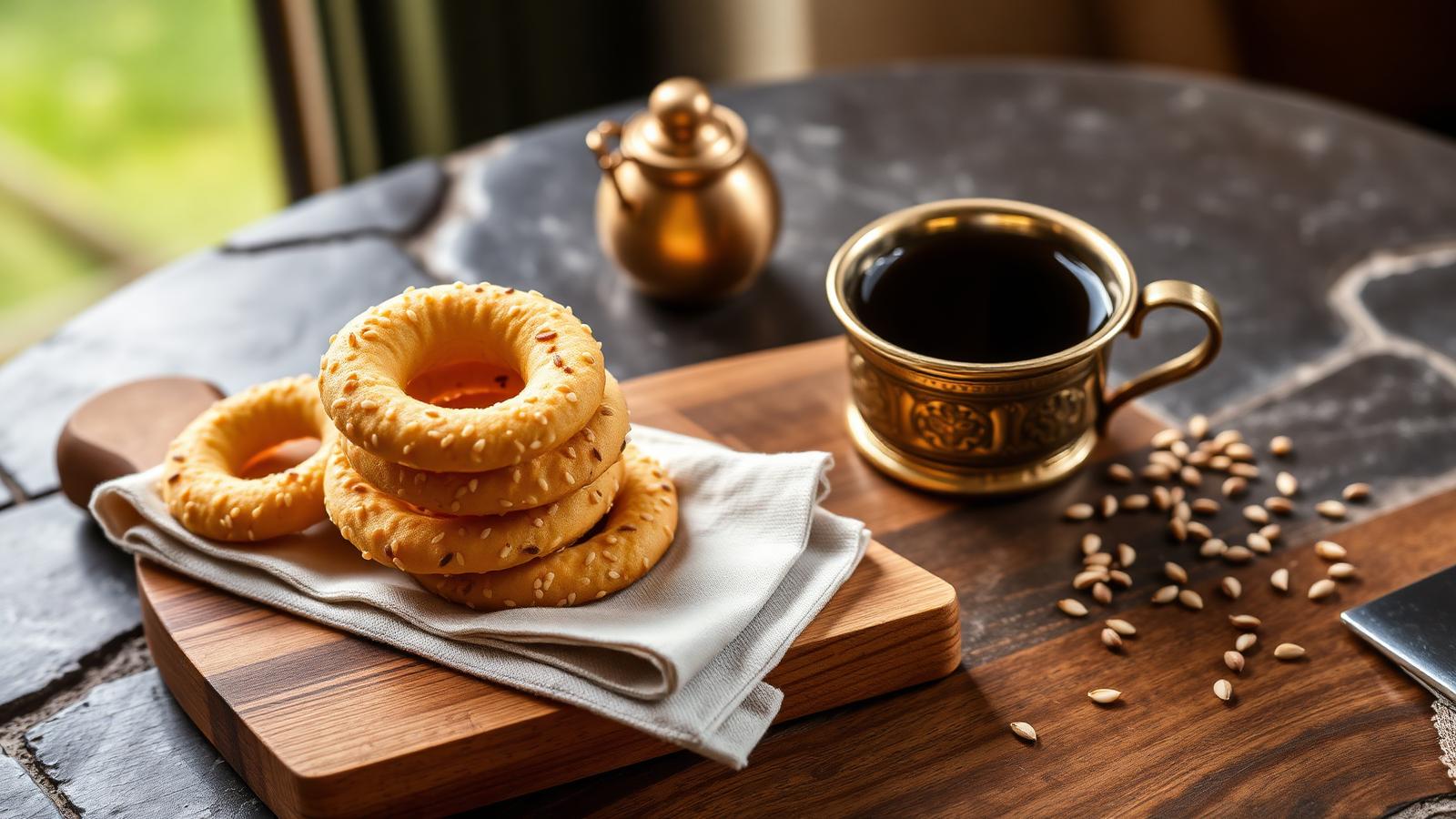 A stack of golden Syrian Jewish ka'ak bi simsim sesame ring cookies on a linen napkin beside a small brass cup of Turkish coffee on a dark stone table