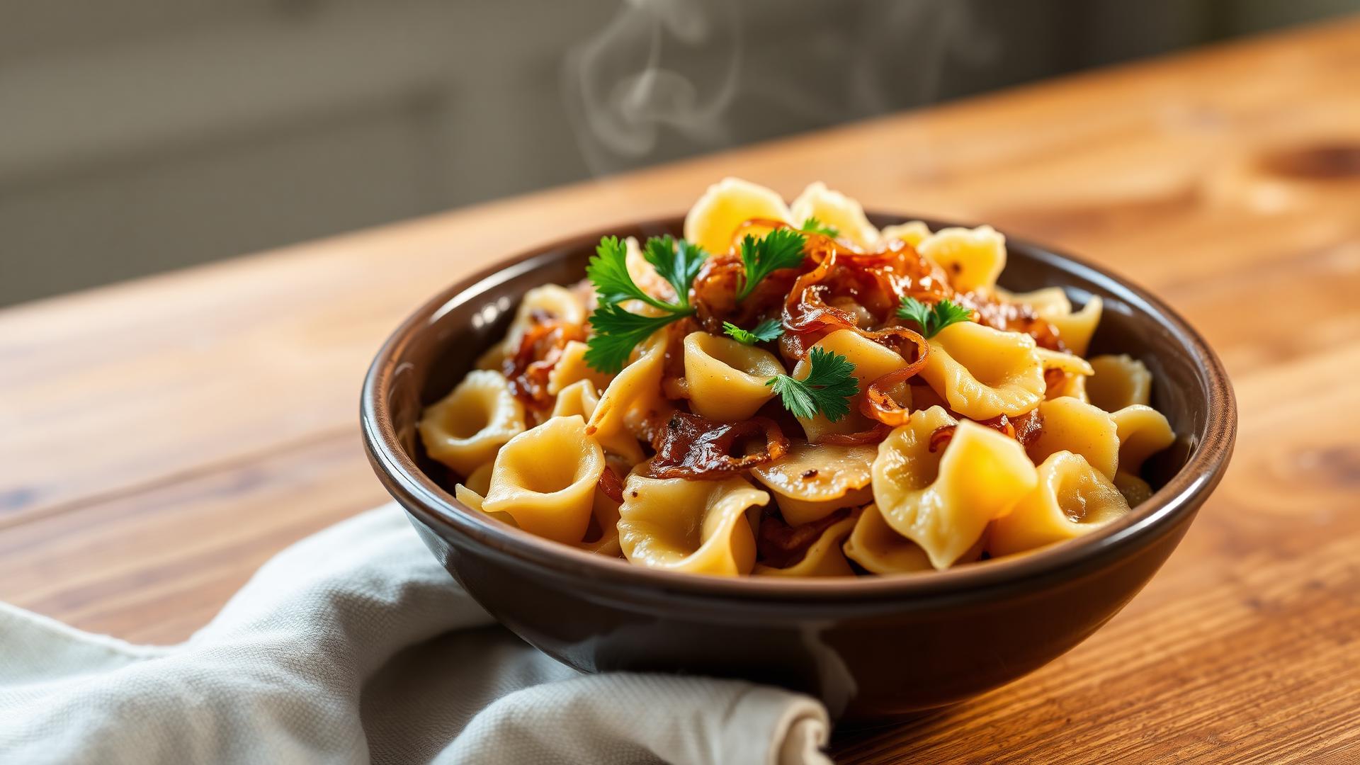 Bowl of kasha varnishkes with toasted buckwheat, bowtie pasta and caramelized onions garnished with parsley on a wooden table