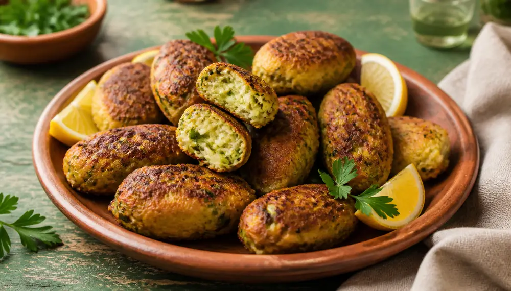 Platter of golden Sephardic keftes de prasa leek fritters with one broken open, lemon wedges and parsley on a green rustic table