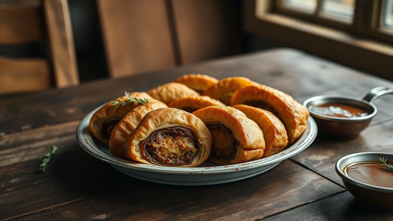 Freshly baked Jewish kishke sliced into golden-brown rounds on a rustic enamel plate beside a dish of brown gravy on a dark wood table