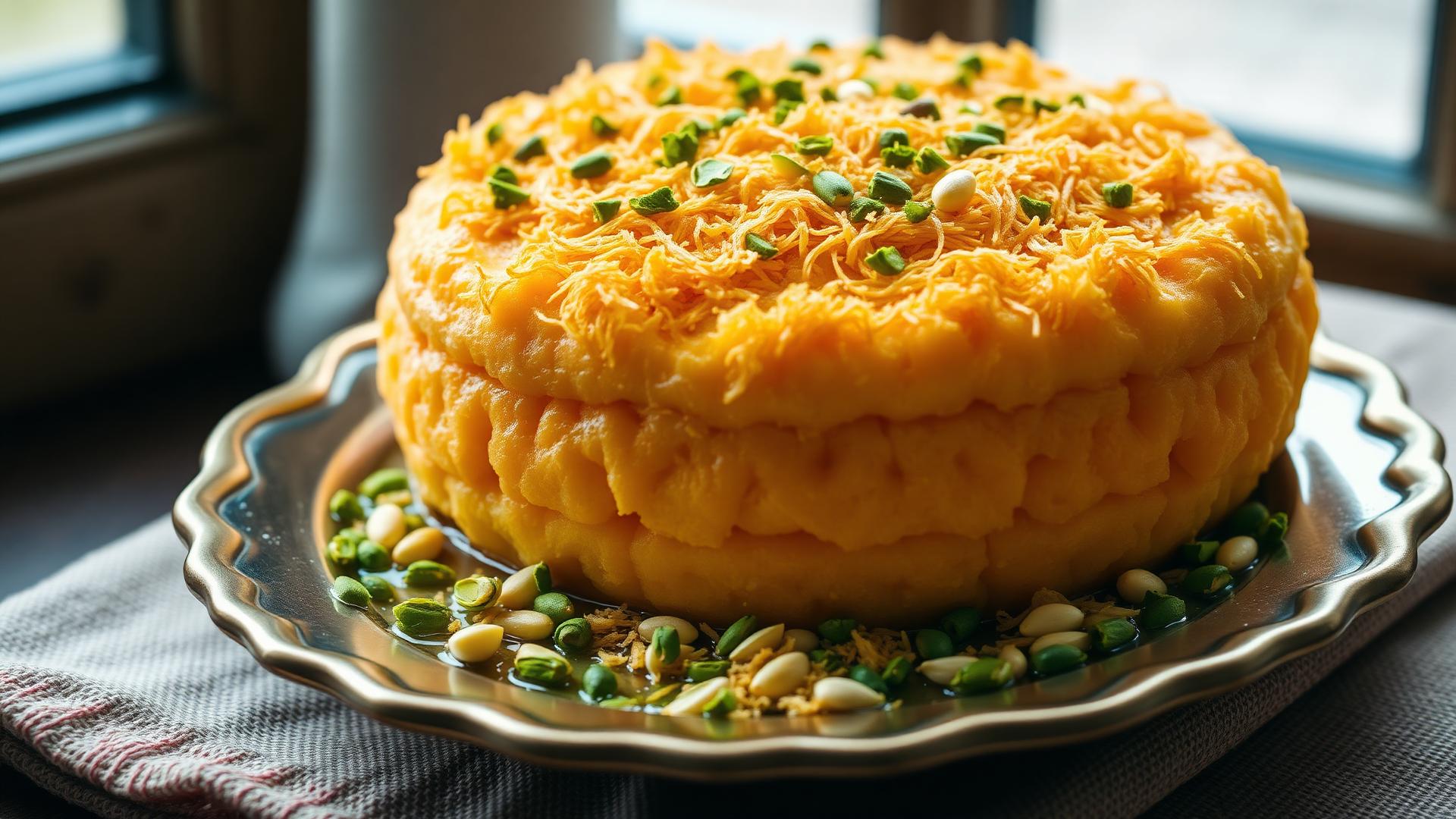 Whole golden-orange knafeh cheese pastry topped with crushed green pistachios on a brass tray in warm window light