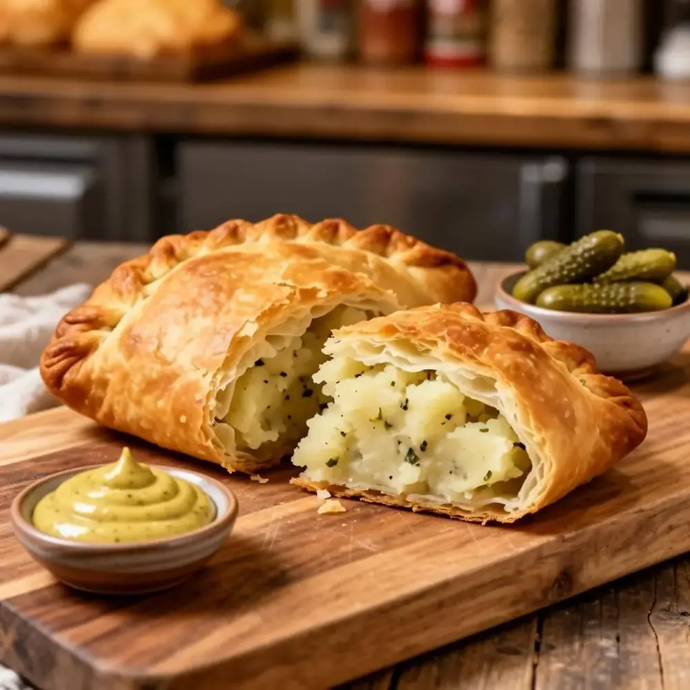 Golden flaky Jewish potato knish sliced open on a wooden board revealing creamy potato filling, with mustard and pickles