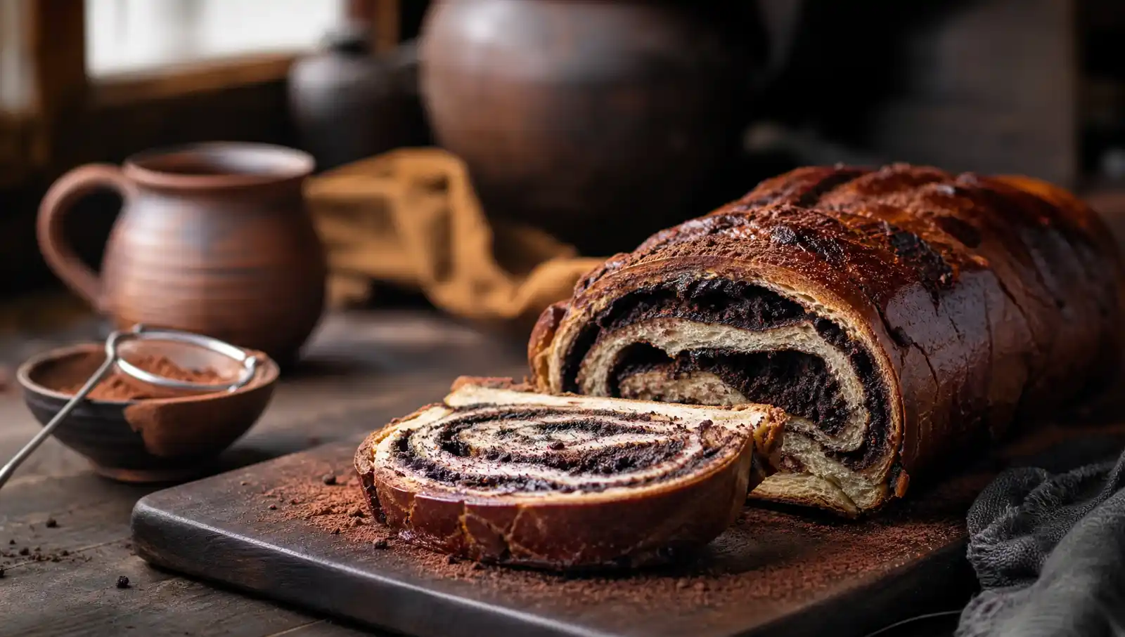 A sliced Hungarian Jewish kokosh cake on a dark walnut board revealing spiraled dark cocoa swirls, dusted with cocoa powder beside a rustic clay mug