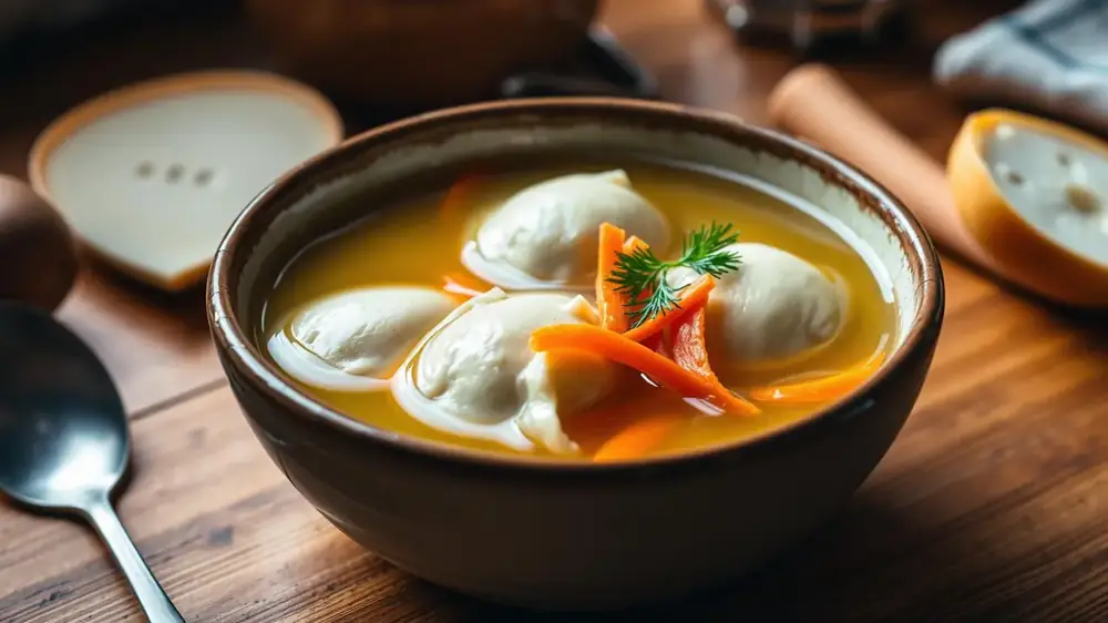 Bowl of golden chicken soup with tender Jewish kreplach dumplings, dill and carrot slices