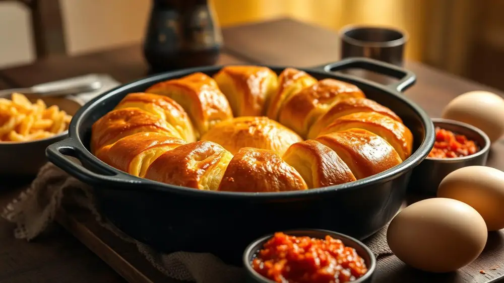 Golden Yemenite kubaneh pull-apart bread in a round black pan with grated tomato dip and boiled egg on a Shabbat table