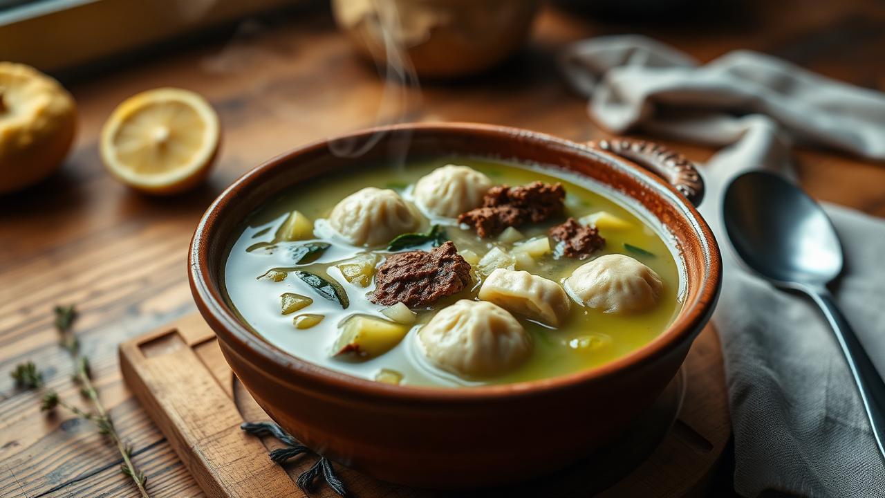 A rustic ceramic bowl of Iraqi Jewish kubbeh hamusta with semolina dumplings, zucchini, and chard floating in a tangy pale-green lemony broth with steam rising