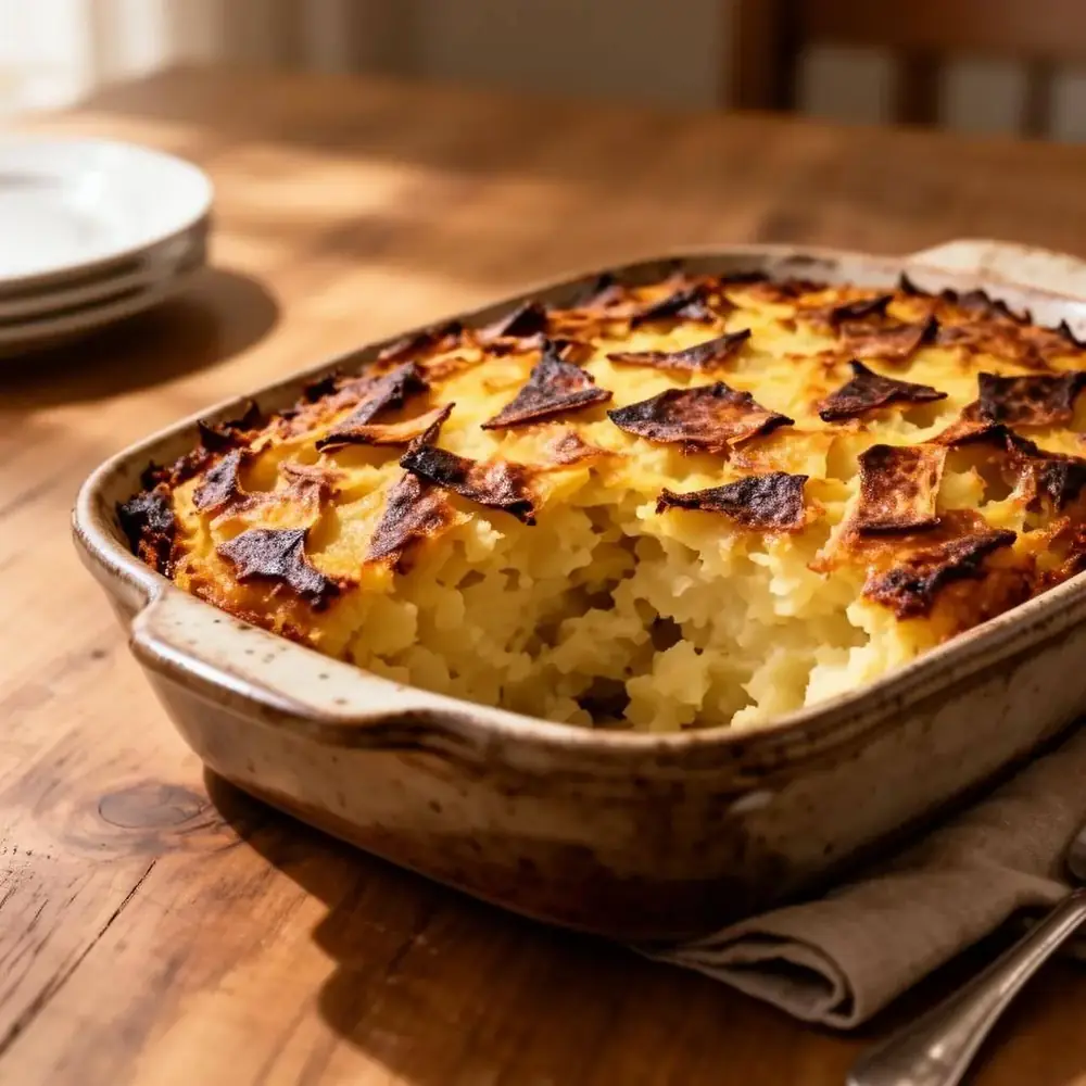 Golden crispy-topped Jewish potato kugel in a rustic baking dish on a wooden table