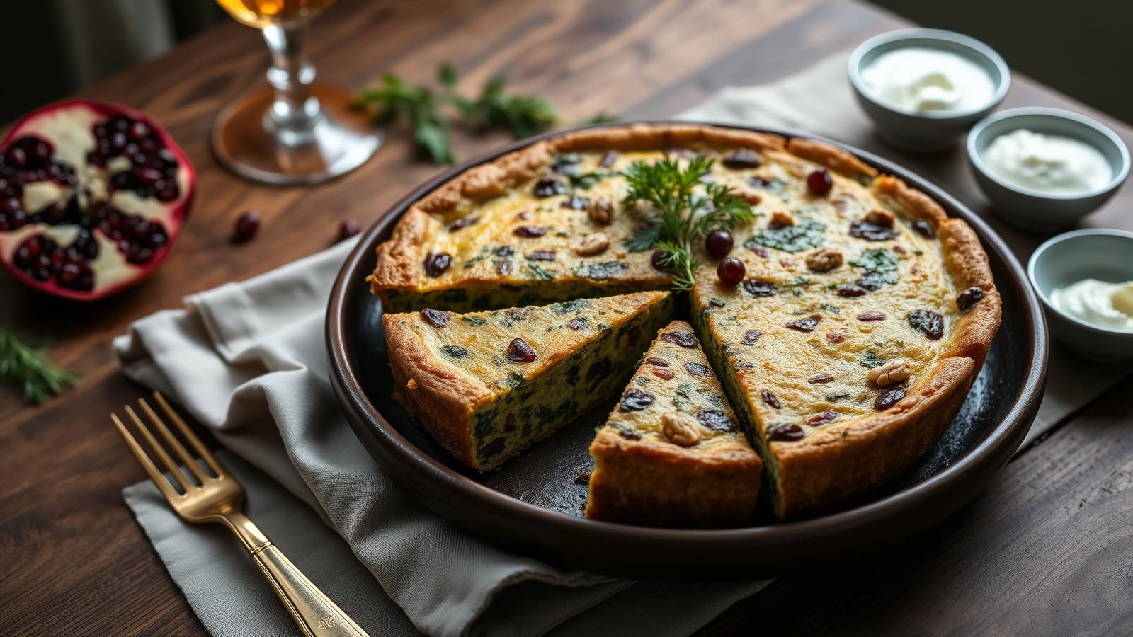 Whole Persian Jewish kuku sabzi herb frittata on a dark platter with barberries and walnuts, cut into wedges