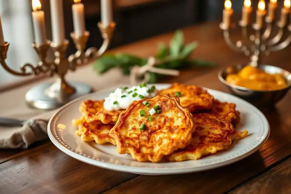 Plate of crispy golden potato latkes with sour cream and chives beside a Hanukkah menorah