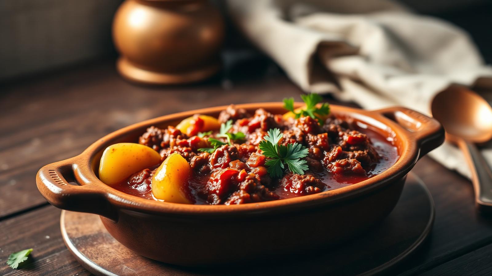 A rustic ceramic dish of Libyan Jewish mafrum with meat-stuffed potatoes in a rich red tomato and paprika sauce garnished with fresh parsley