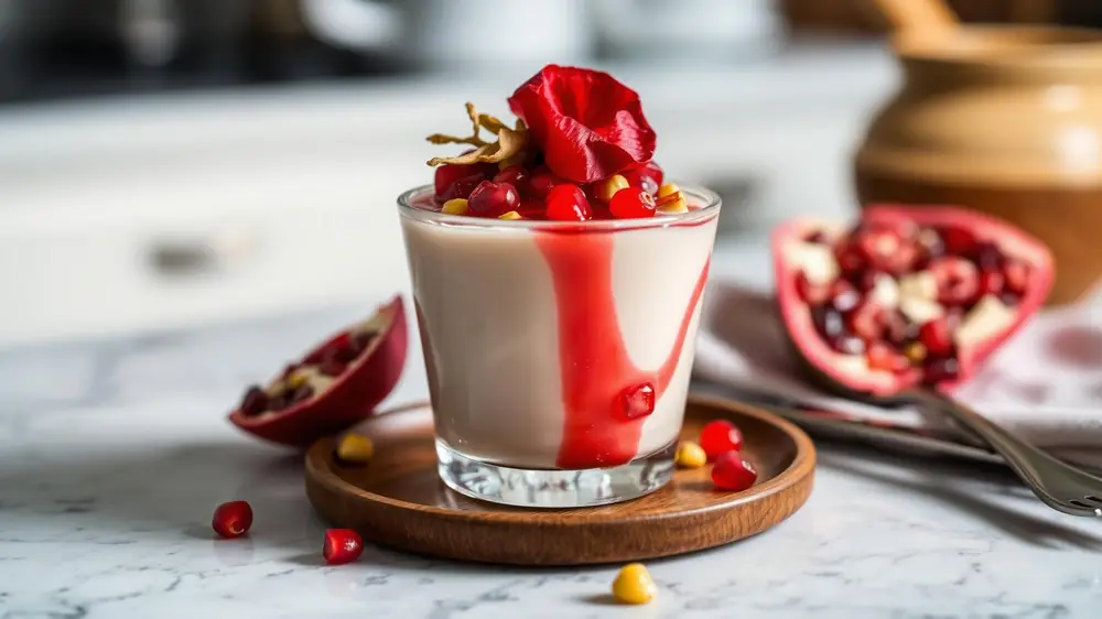 Glass cup of Israeli malabi rosewater pudding topped with pomegranate syrup, pistachios and a rose petal