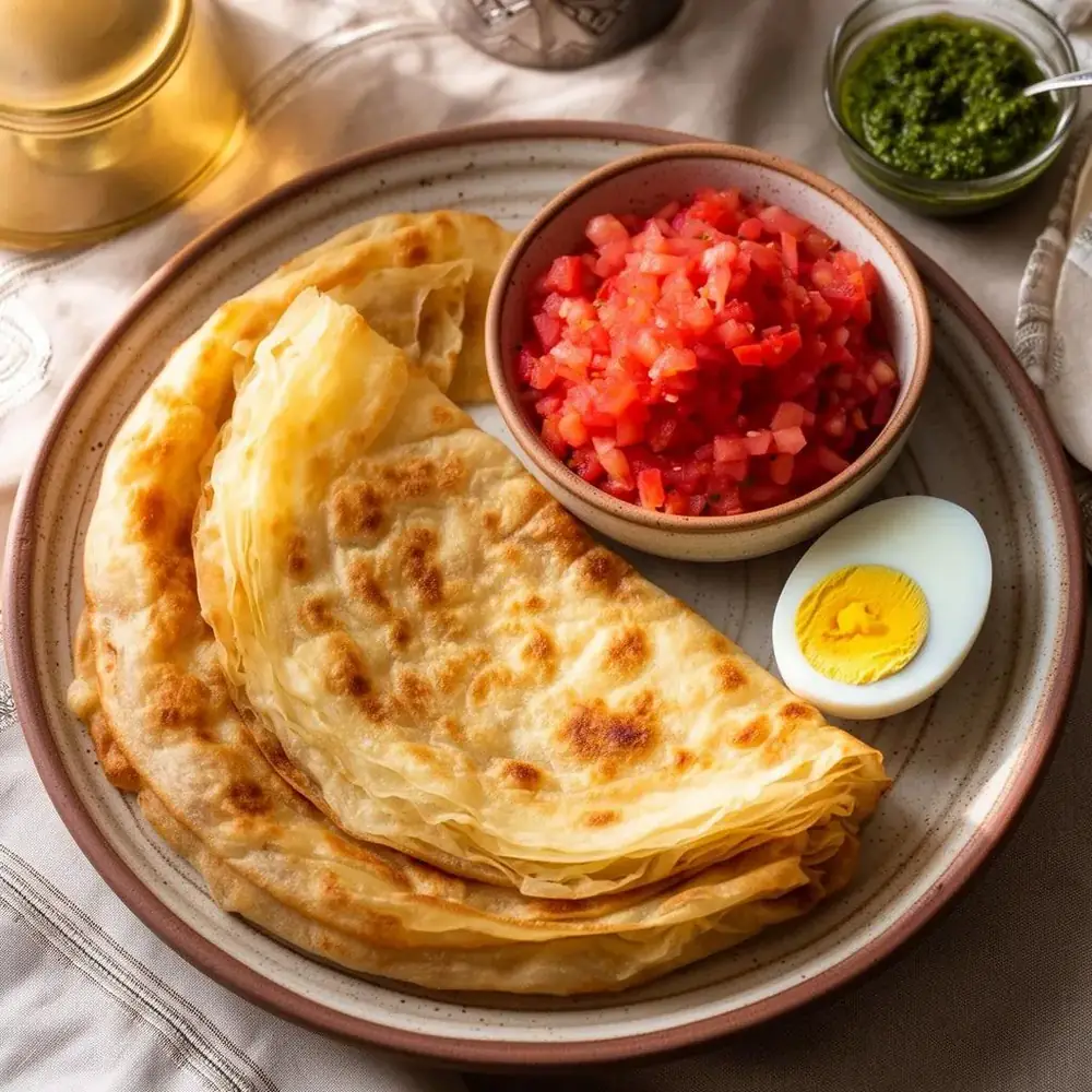 Golden flaky Yemenite malawach on a plate with grated tomato dip, a hard-boiled egg and zhug
